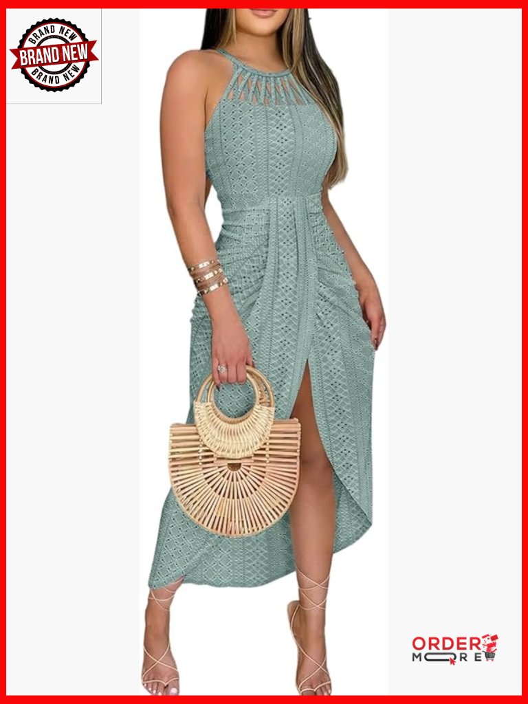 Women's Halter Ruched Bodycon Long Dress With Side Slit